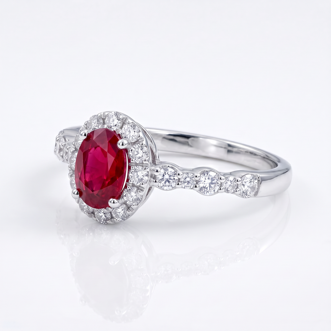Oval Ruby &amp; Diamond Halo Ring