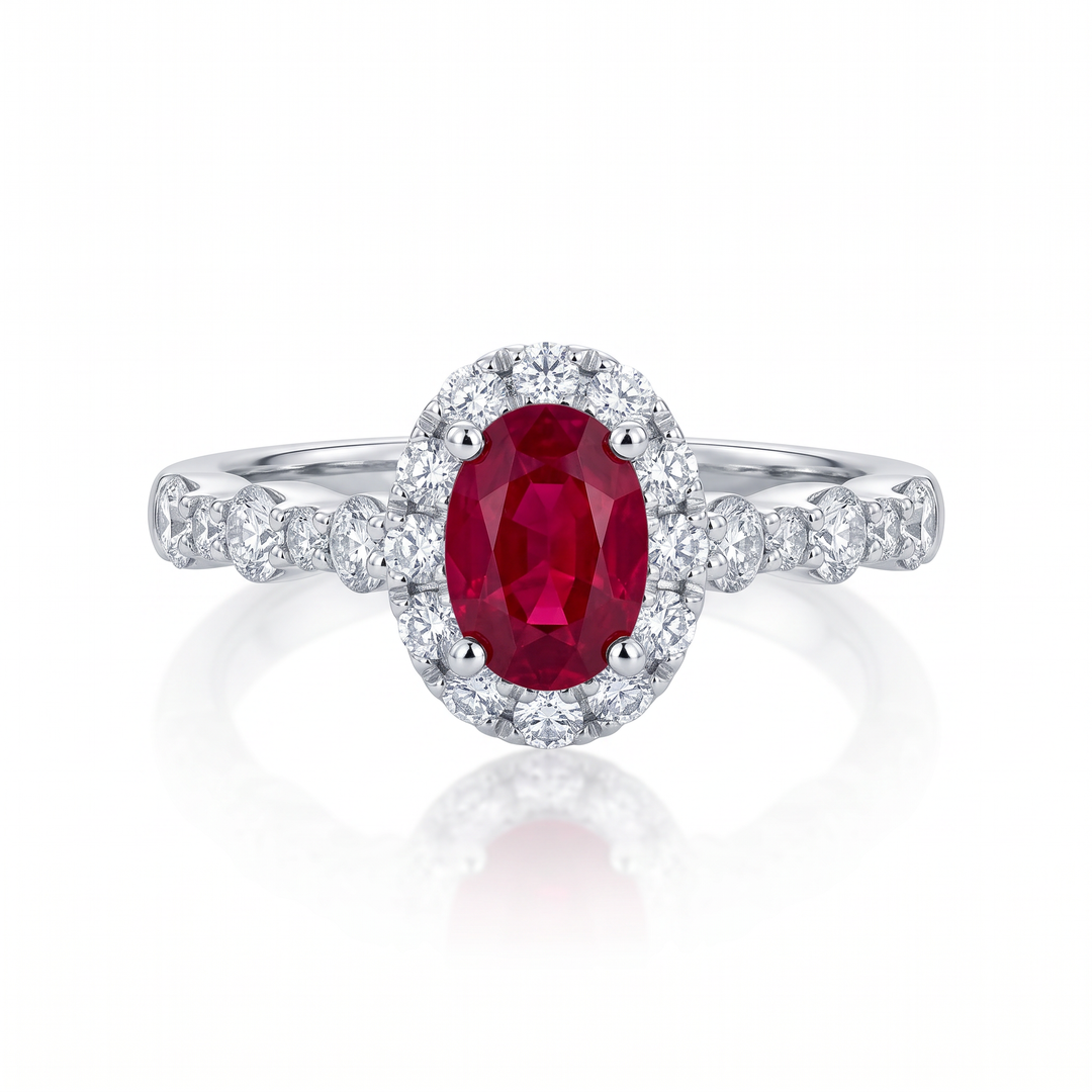 Oval Ruby &amp; Diamond Halo Ring