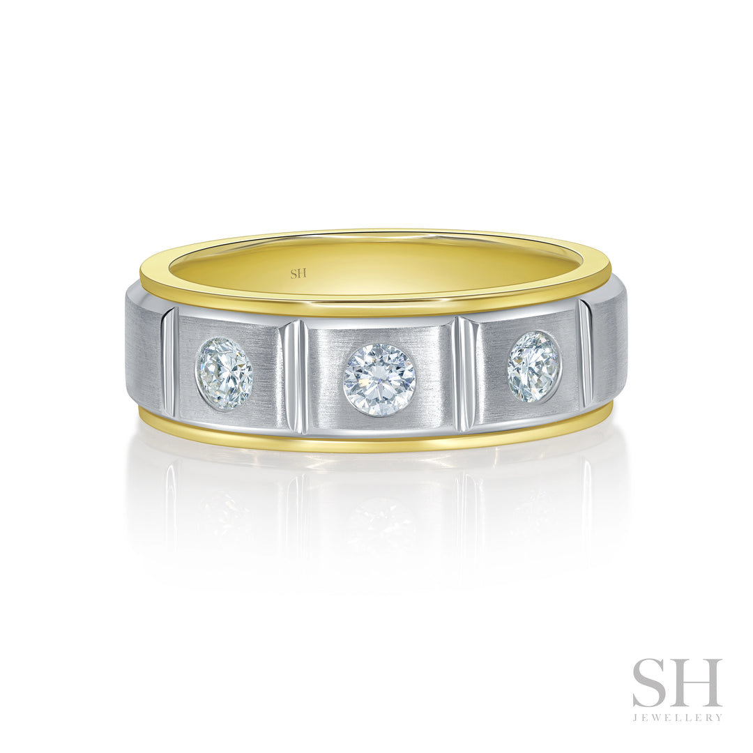 Men's Two Tone Satin Finish Three Stone Diamond Wedding Band (6.5mm) - W1253