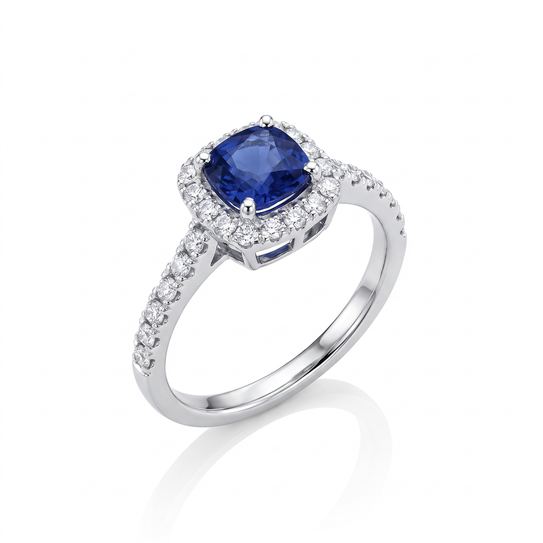 Cushion Sapphire &amp; Diamond Halo Ring