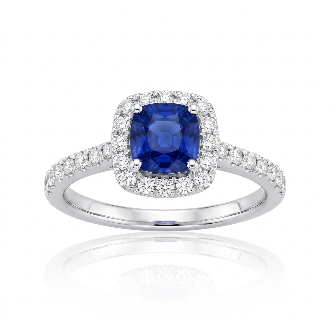 Cushion Sapphire &amp; Diamond Halo Ring