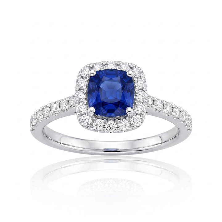 Cushion Sapphire &amp; Diamond Halo Ring