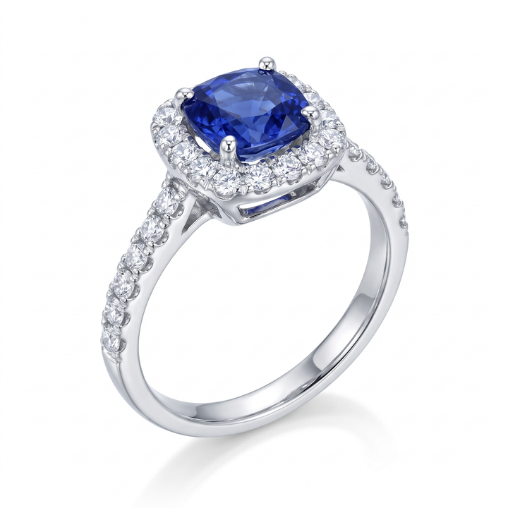 Cushion Sapphire &amp; Diamond Halo Ring
