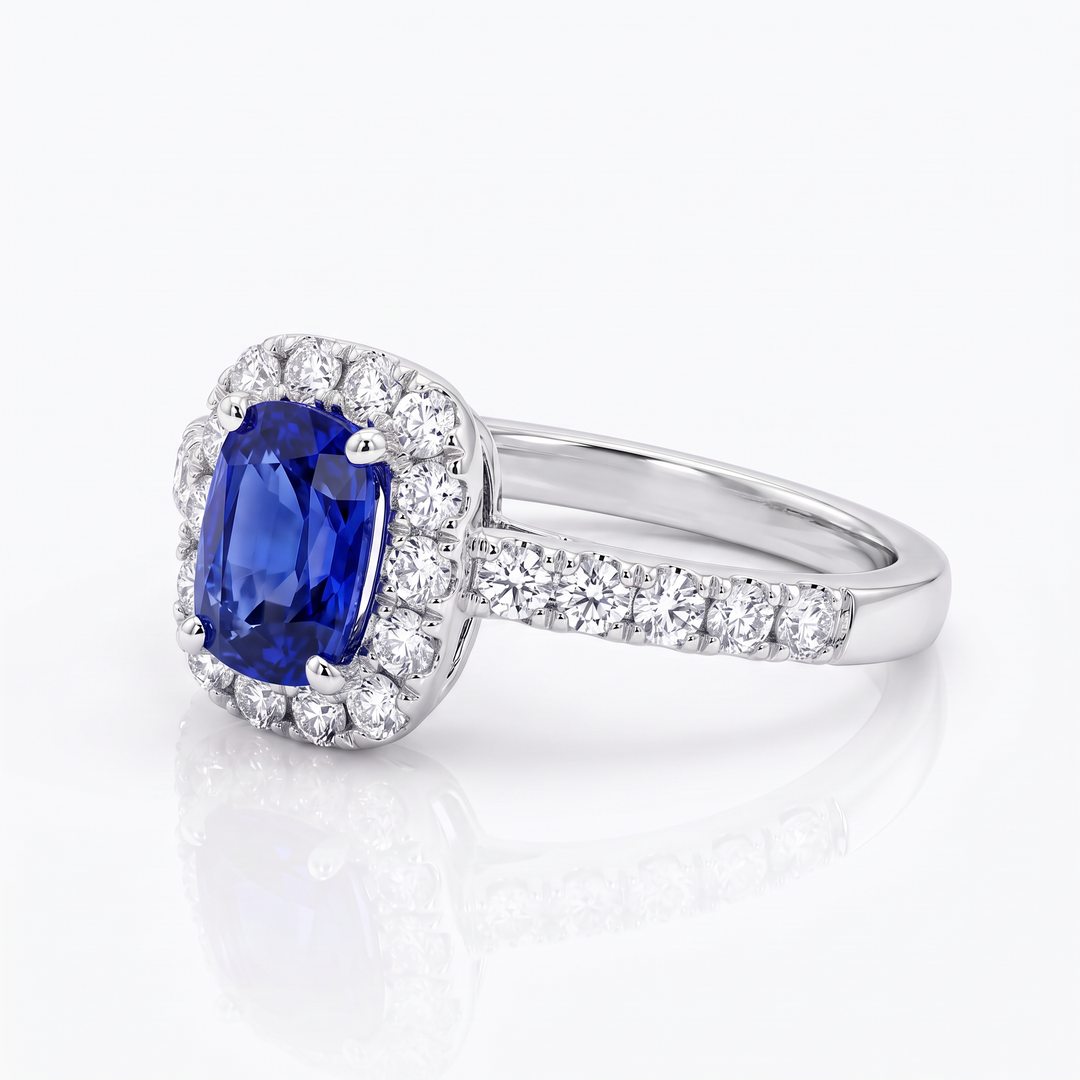 Elongated Cushion Sapphire &amp; Diamond Halo Ring