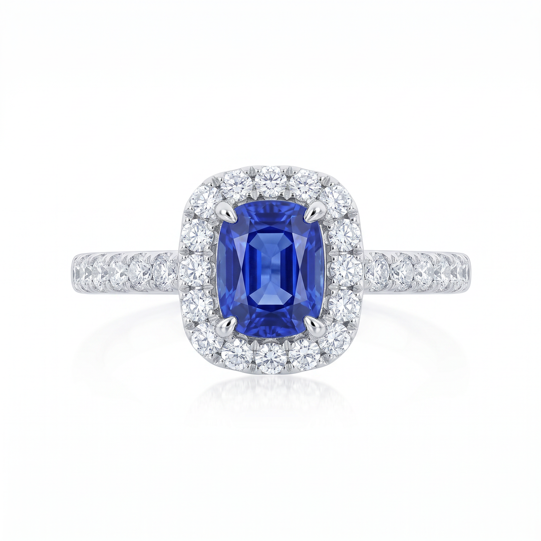 Elongated Cushion Sapphire &amp; Diamond Halo Ring