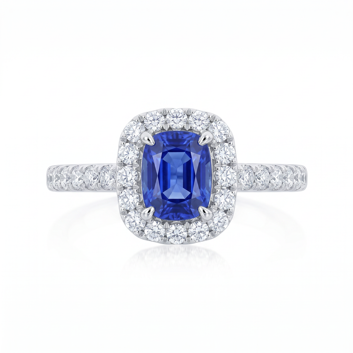 Elongated Cushion Sapphire &amp; Diamond Halo Ring