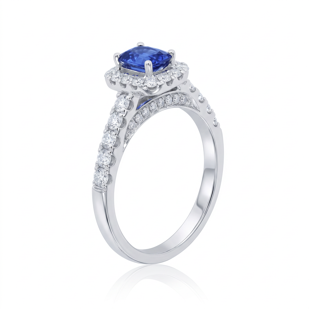 Elongated Cushion Sapphire &amp; Diamond Halo Ring