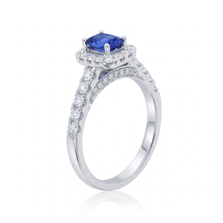 Elongated Cushion Sapphire &amp; Diamond Halo Ring