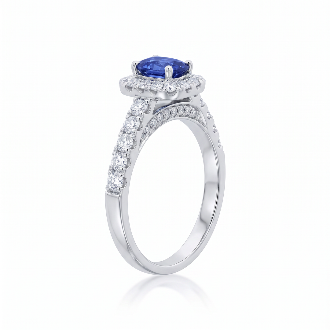 Elongated Cushion Sapphire &amp; Diamond Halo Ring