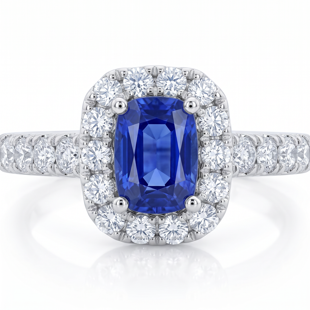 Elongated Cushion Sapphire &amp; Diamond Halo Ring