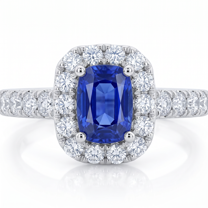 Elongated Cushion Sapphire &amp; Diamond Halo Ring