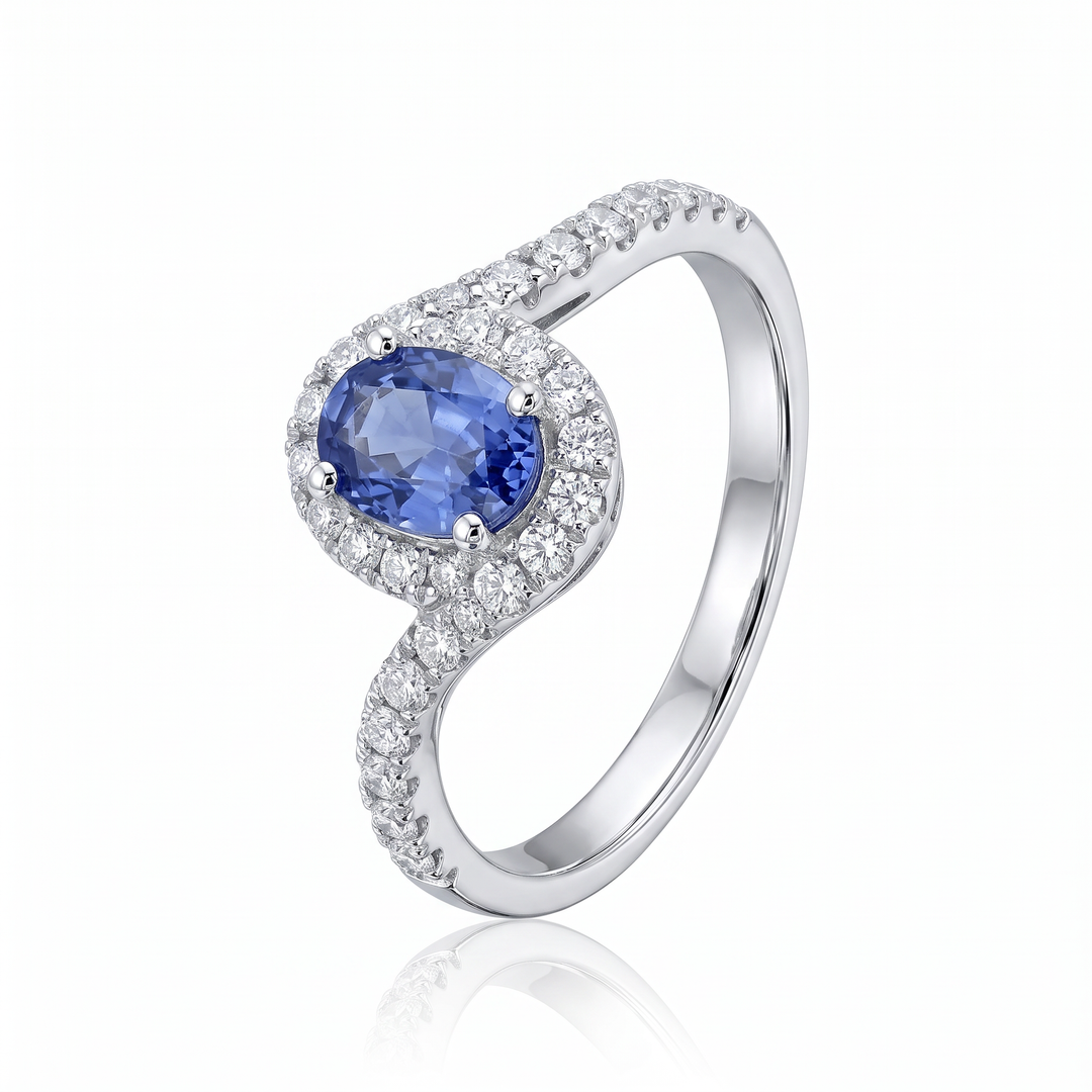 Oval Sapphire Bypass Halo Ring