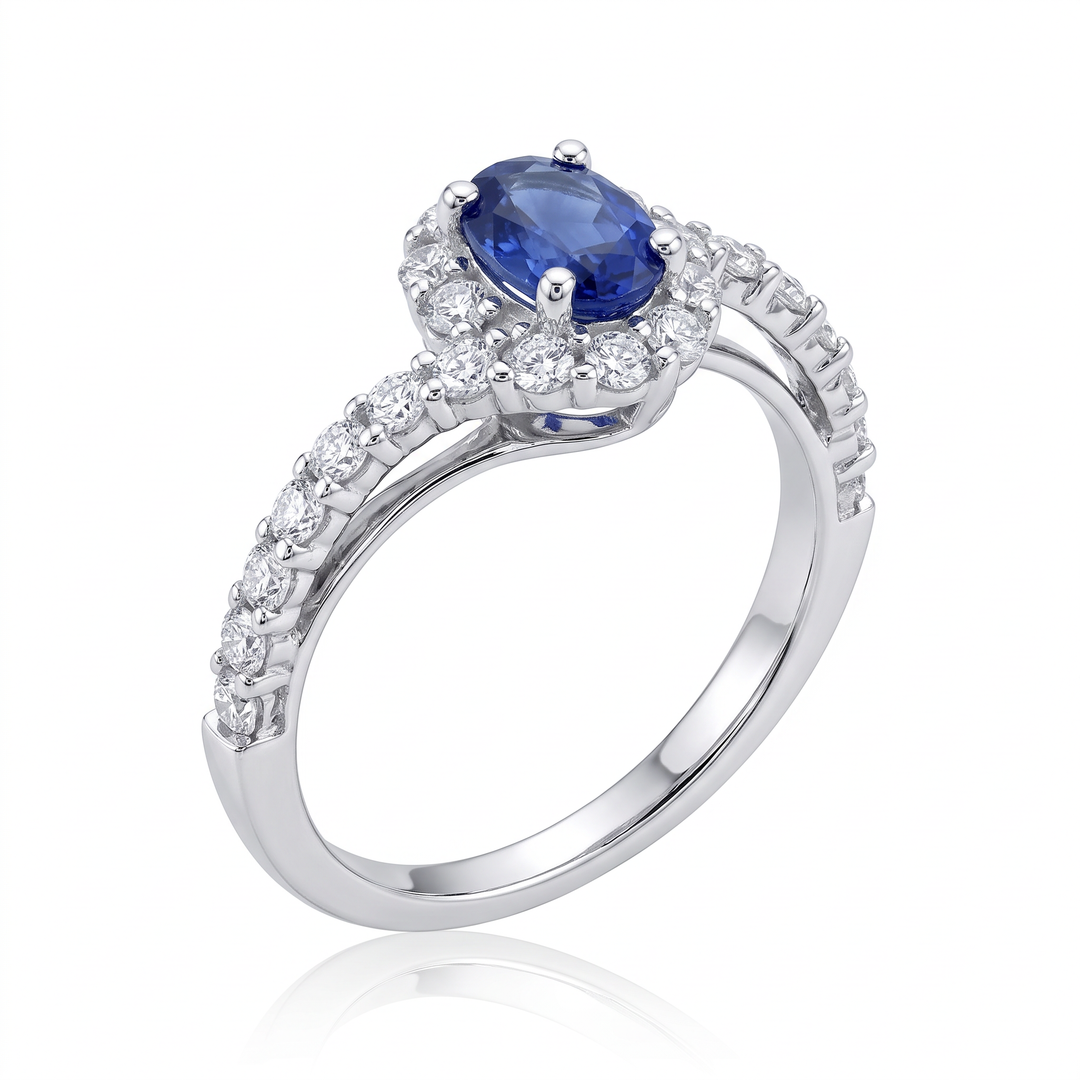 Oval Sapphire Bypass Halo Ring