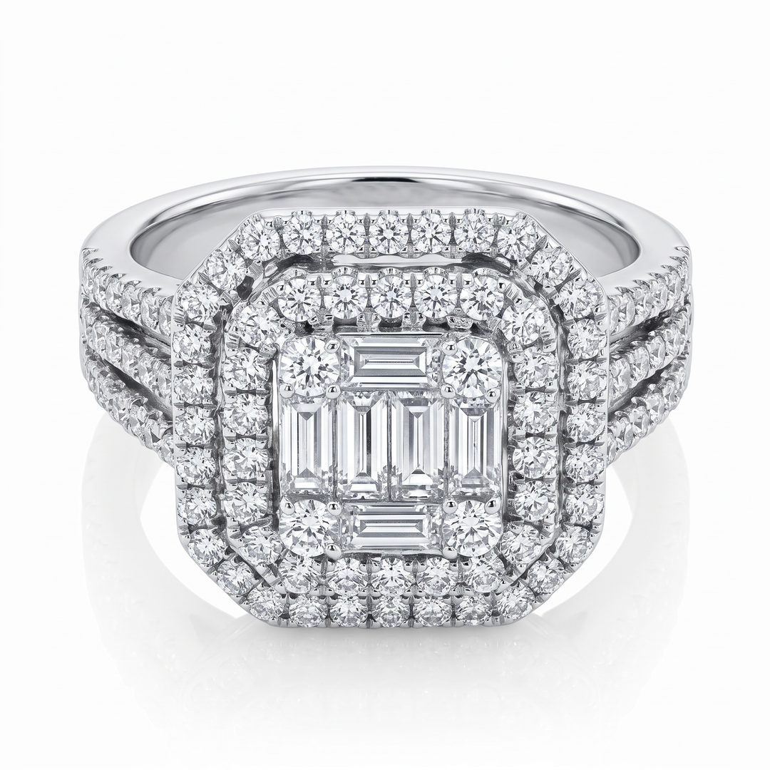 Emerald-Cut Diamond Cluster Double Halo Ring — 1.71ct TW