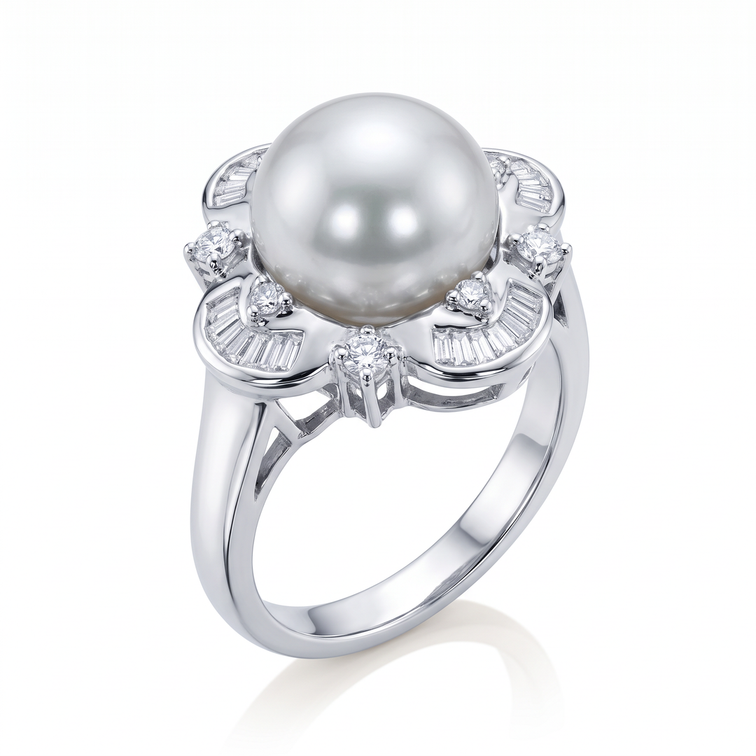 South Sea Pearl &amp; Diamond Flower Ring
