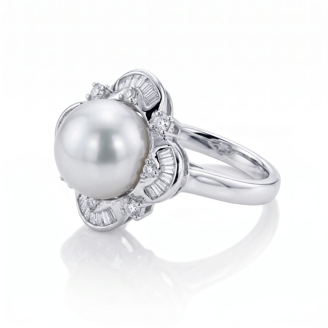 South Sea Pearl &amp; Diamond Flower Ring