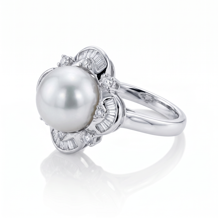 South Sea Pearl &amp; Diamond Flower Ring