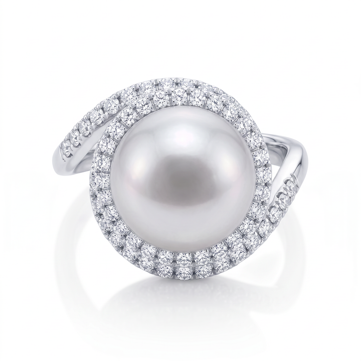South Sea Pearl &amp; Diamond Swirl Ring — 13mm Pearl