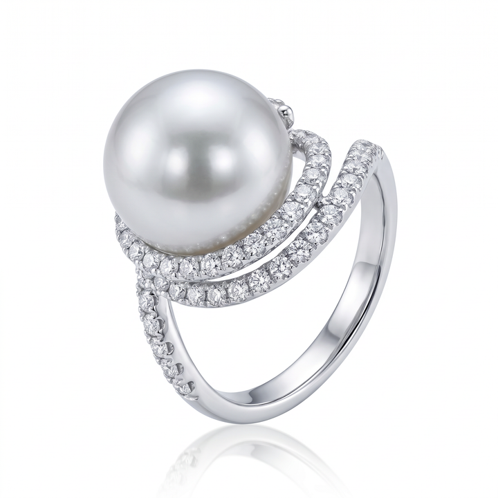 South Sea Pearl &amp; Diamond Swirl Ring — 13mm Pearl