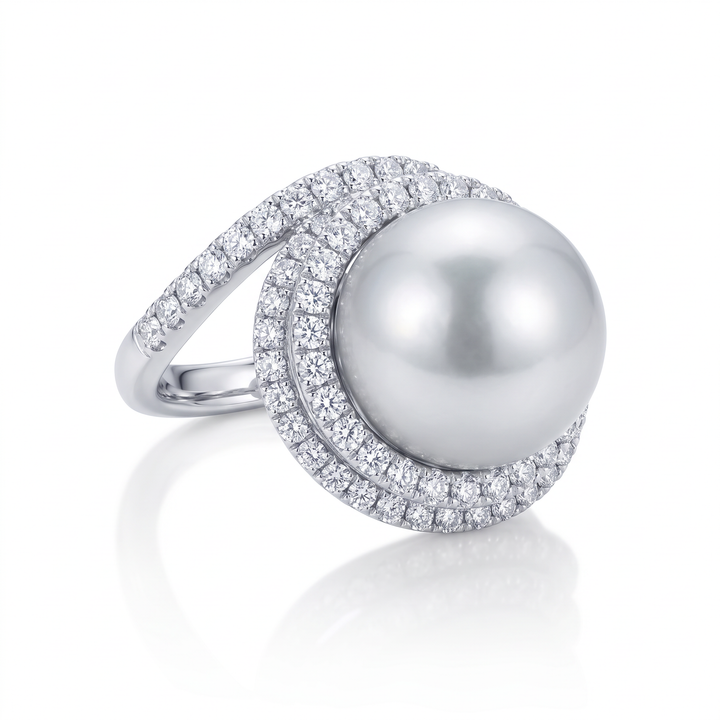 South Sea Pearl &amp; Diamond Swirl Ring — 13mm Pearl