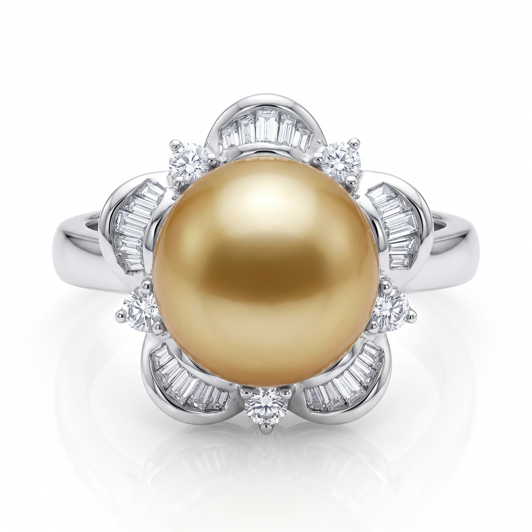 Golden South Sea Pearl &amp; Diamond Flower Ring — 12mm Pearl