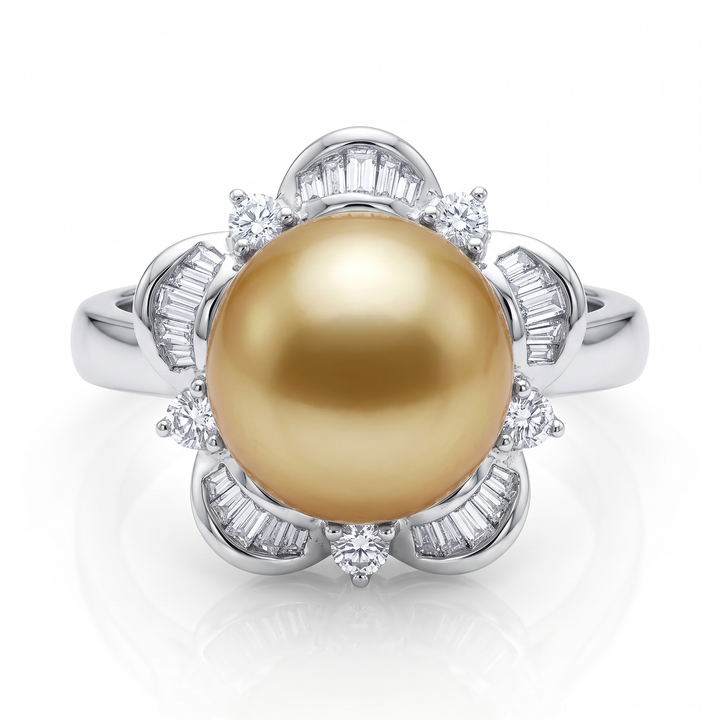Golden South Sea Pearl &amp; Diamond Flower Ring — 12mm Pearl