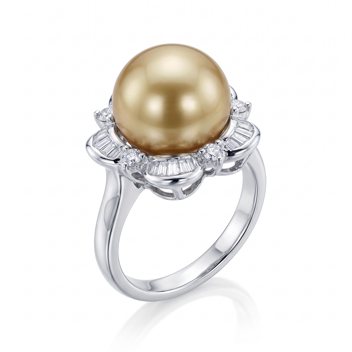Golden South Sea Pearl &amp; Diamond Flower Ring — 12mm Pearl