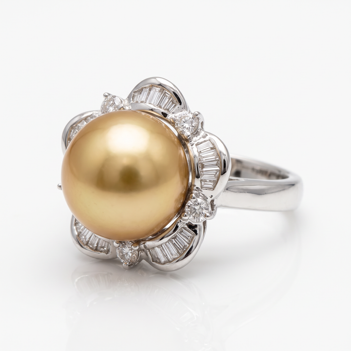 Golden South Sea Pearl &amp; Diamond Flower Ring — 12mm Pearl