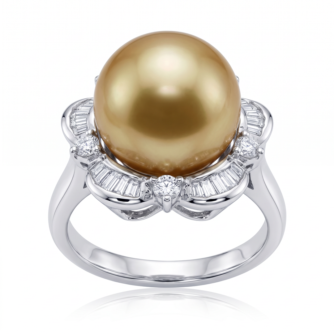 Golden South Sea Pearl &amp; Diamond Flower Ring — 12mm Pearl