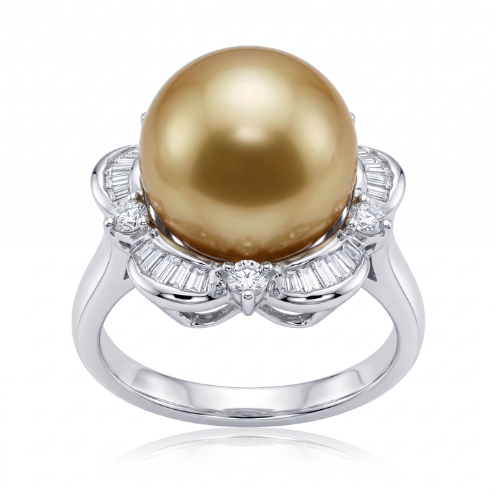 Golden South Sea Pearl &amp; Diamond Flower Ring — 12mm Pearl
