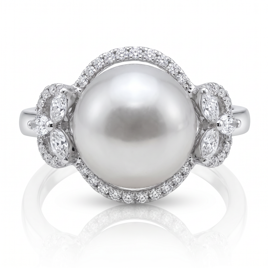 South Sea Pearl &amp; Diamond Halo Ring — 0.74ct TW