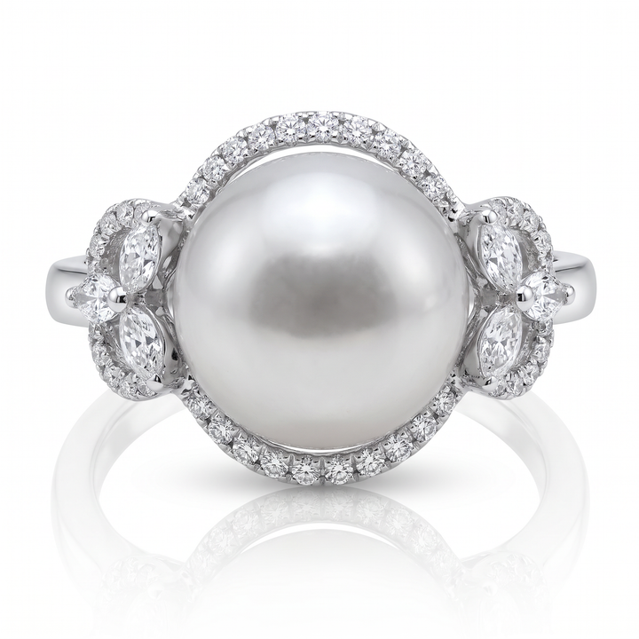 South Sea Pearl &amp; Diamond Halo Ring — 0.74ct TW