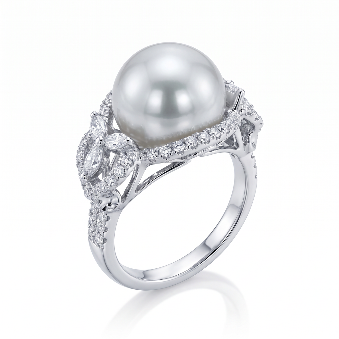 South Sea Pearl &amp; Diamond Halo Ring — 0.74ct TW