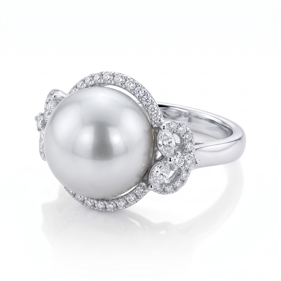 South Sea Pearl &amp; Diamond Halo Ring — 0.74ct TW