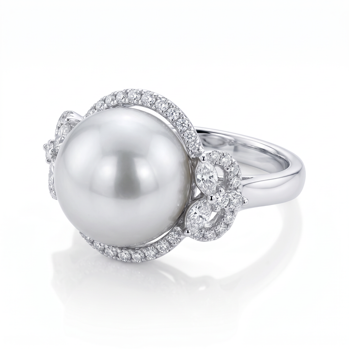 South Sea Pearl &amp; Diamond Halo Ring — 0.74ct TW