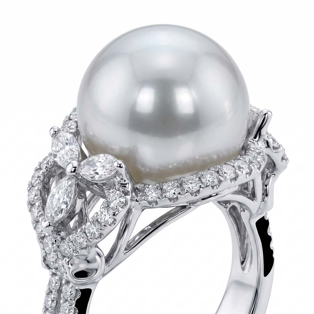 South Sea Pearl &amp; Diamond Halo Ring — 0.74ct TW