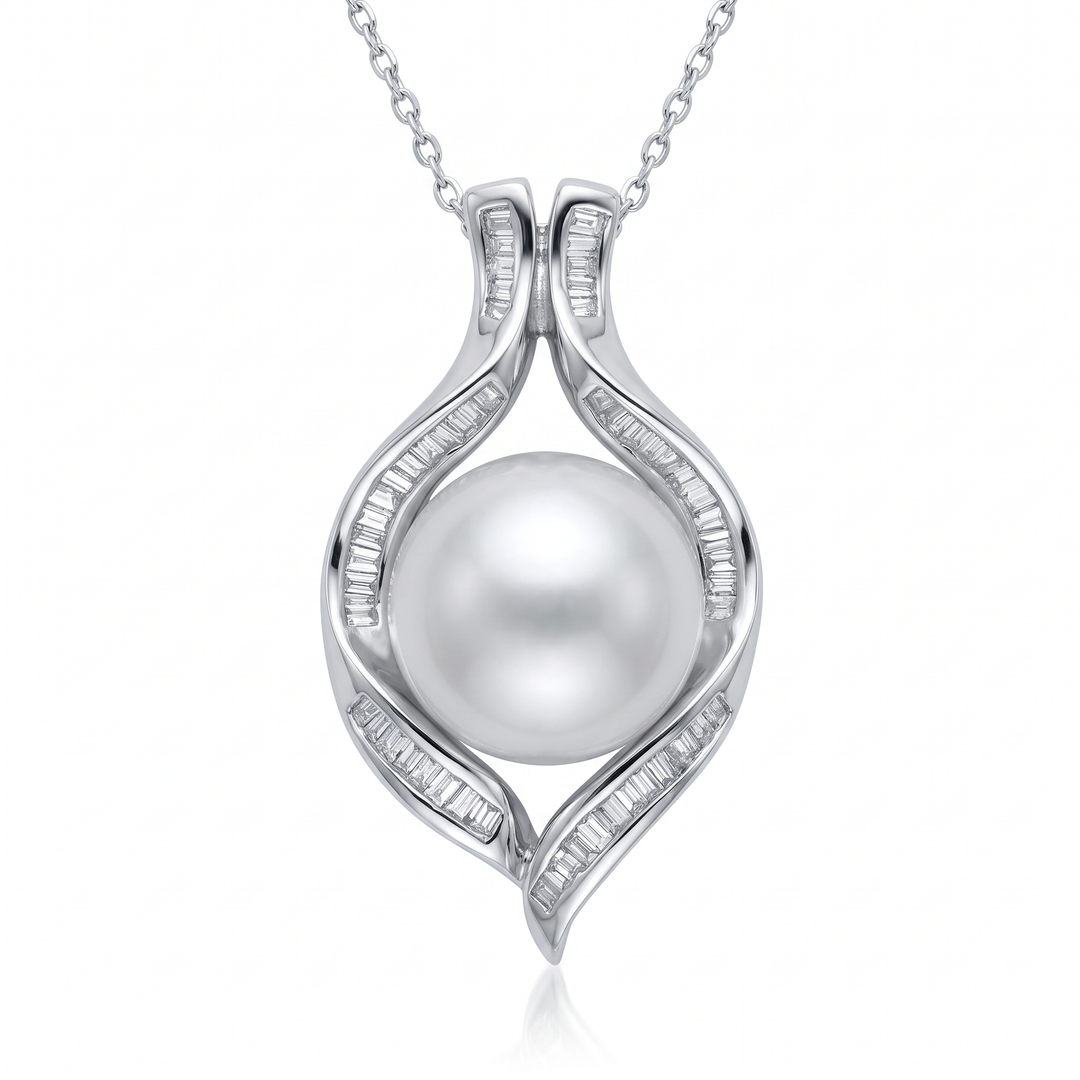 South Sea Pearl &amp; Baguette Diamond Flame Pendant — 0.30ct TW