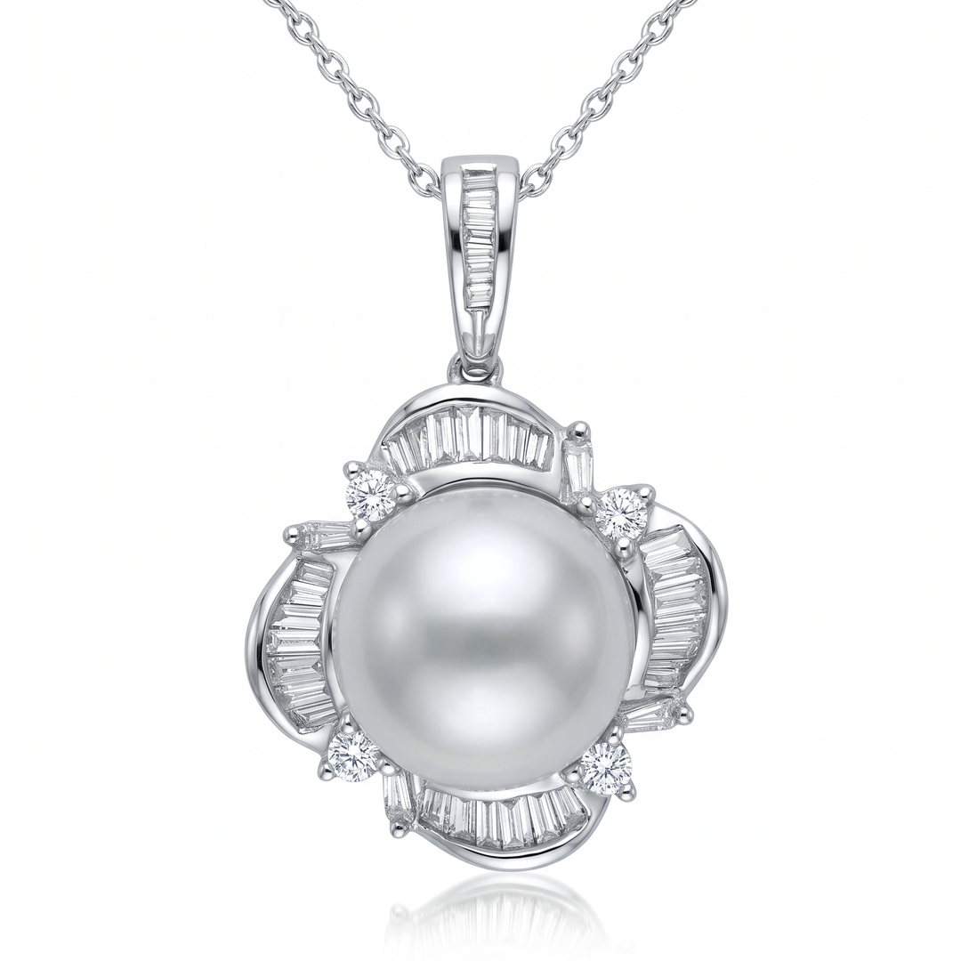 South Sea Pearl &amp; Baguette Diamond Flower Pendant — 0.75ct TW