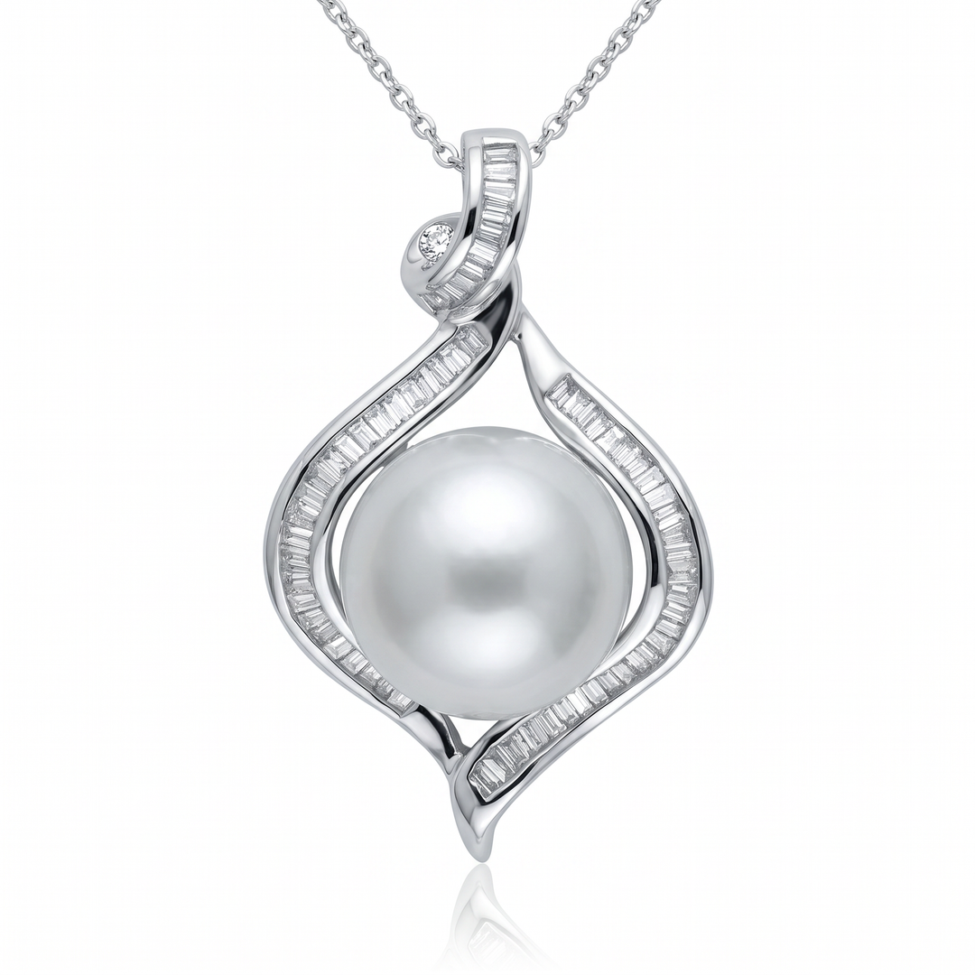 South Sea Pearl &amp; Baguette Diamond Swirl Pendant — 0.30ct TW