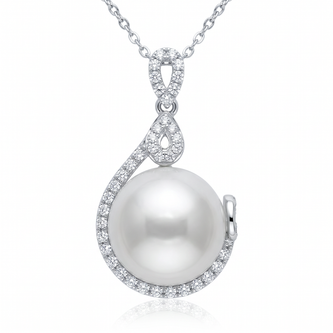 South Sea Pearl Pendant with Diamond Swirl Bail — 0.73ct TW