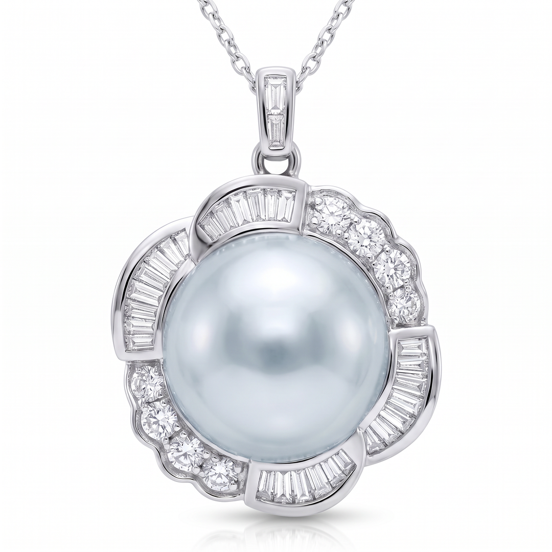 South Sea Pearl &amp; Baguette Diamond Halo Pendant — 0.78ct TW