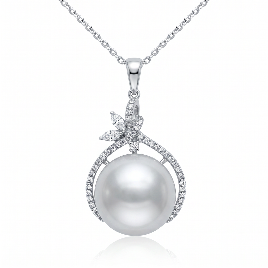 South Sea Pearl Pendant with Diamond Crescent Halo — 0.70ct TW