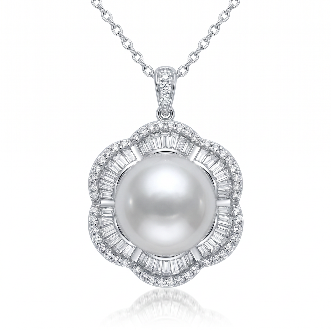 South Sea Pearl &amp; Diamond Flower Halo Pendant — 0.85ct TW