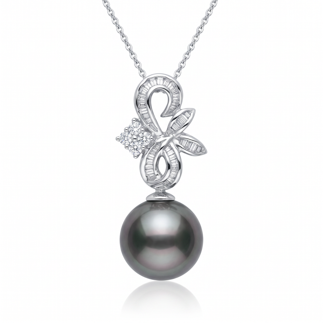 Tahitian Pearl Diamond Bow Pendant — 0.54ct TW