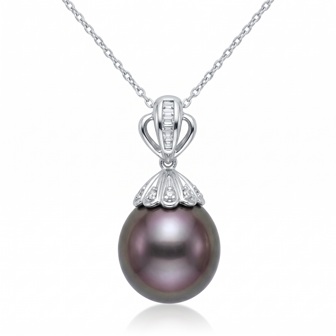 Tahitian Pearl Fluted Diamond Cap Pendant — 0.15ct TW