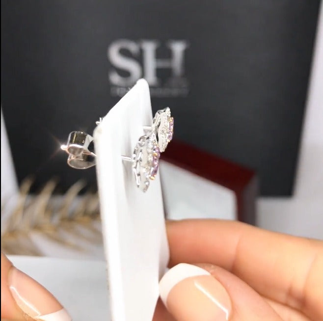 Pink Diamond Centre Clover Halo Earrings — 18kt White Gold (Clearance)