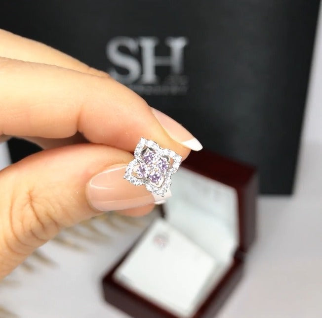 Pink Diamond Centre Clover Halo Earrings — 18kt White Gold (Clearance)