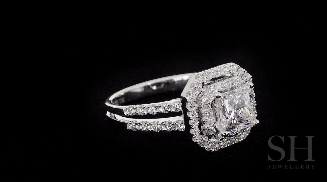 Octagon Double Halo with Princess Cut Centre and Twin Parallel Bands - W0404 (Lab Grown)