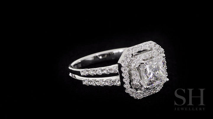 Octagon Double Halo with Princess Cut Centre and Twin Parallel Bands - W0404 (Lab Grown)