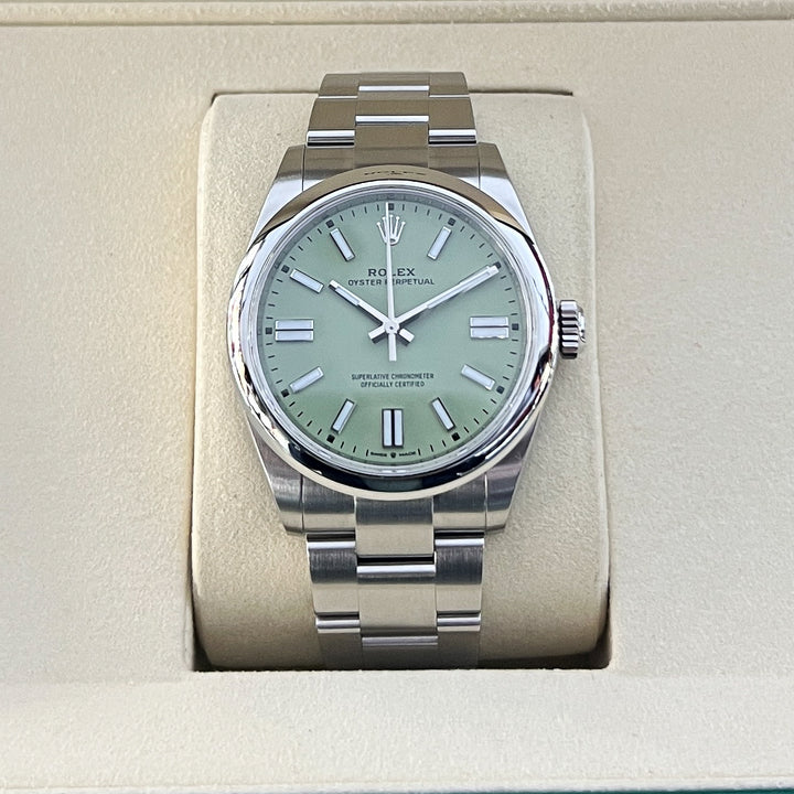 Rolex Oyster Perpetual41 41mm Steel Pistachio Dial Stick Markers 2025 Ref m134300-0006 (#1069)